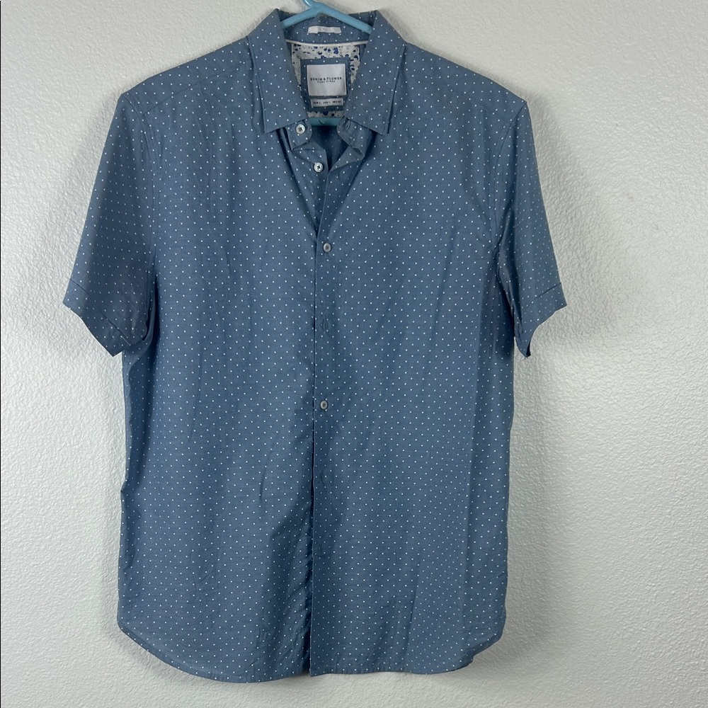 Denim & Flower Casual Blue Polka Dot Shortsleeved Button Up